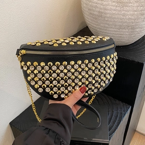 Sac À Épaule Femme Strass Rivets Cuir PU Brillant Demi-Lune Sac Poitrine Taille Sangle Chaîne Mode Streetwear