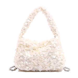 Elegant white sequined handbag for women with silver metal chain and top handle