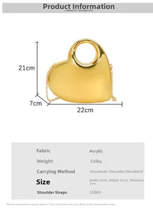 Detailed dimension guide for golden acrylic heart handbag with measurements and specs