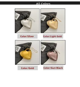 Collage of heart-shaped acrylic evening bags in silver, gold, and gunmetal mirror finishes