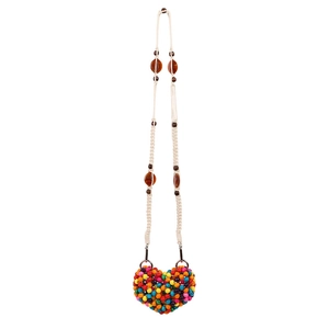 Handmade bohemian heart crochet bag with colorful beads and natural wooden accents