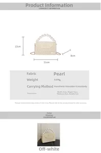 Detail view of pearl handbag with gold chain strap and specific size measurements