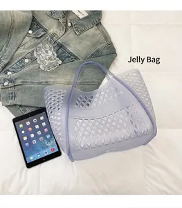 Detail view of light purple hollow-out PVC jelly bag showing woven texture and handle
