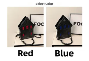 Gothic house-shaped handbag with metallic cross and bamboo handle detail in red and blue