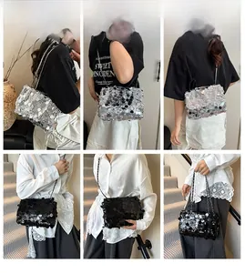 Vues détaillées du sac à bandoulière à paillettes pour femmes en noir et argent