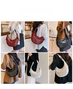 Detail shots of studded crescent hobo bag in black, burgundy and off-white colors