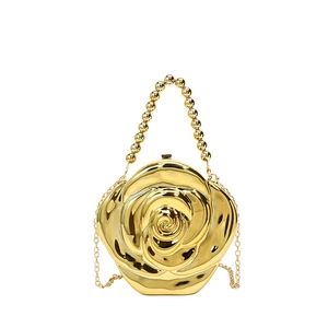 Luxury gold 3D rose flower evening clutch bag with beaded handle and chain strap