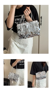 Vues détaillées d'un sac à bandoulière argenté à paillettes avec chaîne et rabat en métal