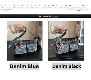 Detailed comparison of vintage denim shoulder bags in blue and black with silver dog charm