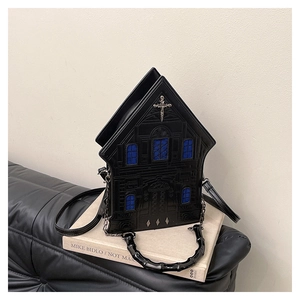 Gothic church-shaped black PU handbag with metallic cross and blue window detail