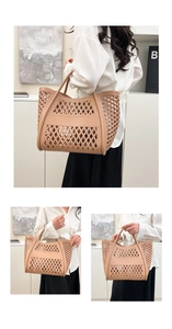 Detailed close-up of apricot hollow out beach tote bag with large capacity for women