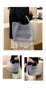 Detail shot of blue hollow-out lattice pattern and large capacity of this jelly tote