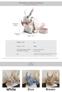 Detailed views of rabbit-shaped PU leather crossbody bags in white, blue, and brown