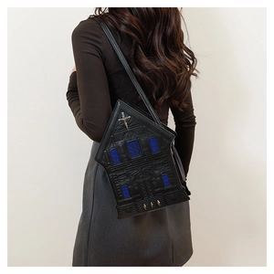 Gothic cathedral style black crossbody bag with blue window details and metal cross