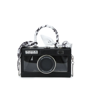 Vintage camera-shaped crossbody bag in black with scarf handle and transparent window