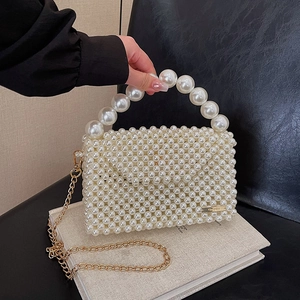 Elegant Handmade Artificial Pearl Beaded Shoulder Bag Woven Evening Handbag With Metal Chain Fashion Accessory For Women