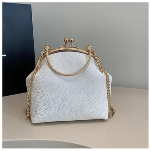 Detail of white lychee pattern leather doctor bag with gold metal frame and ring handle