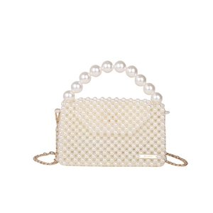 Handmade pearl woven handbag with top handle and gold chain strap in cream white