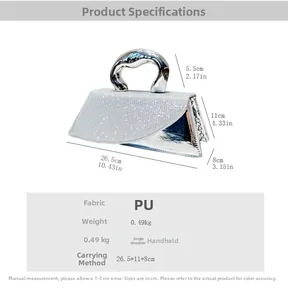 Detailed size chart of the silver sequin handbag with fabric and PU material specs