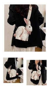 Detail view of cute rabbit crossbody bag with white sequin texture and pink accents