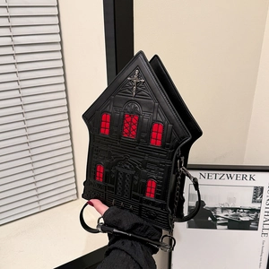 Gothic Church House Shaped Shoulder Bag PU Leather Crossbody Bag With Bamboo Handle Cross Rivet Halloween Dark Style Handbag For Women