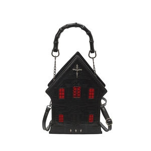 Gothic house-shaped handbag with red lattice windows and silver cross detail