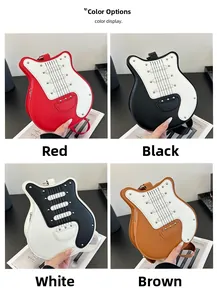 Detailed grid display of creative guitar-shaped shoulder bags in red, black, white, and brown