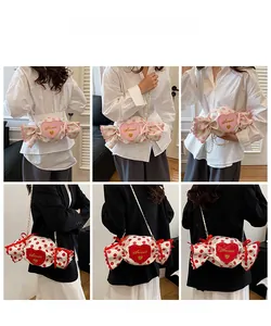 Collage of model wearing candy-shaped polka dot crossbody bags with heart embroidery