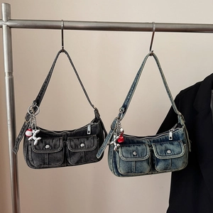 Y2K denim shoulder bag with multi-pockets and metal dog charm in grey and blue colors