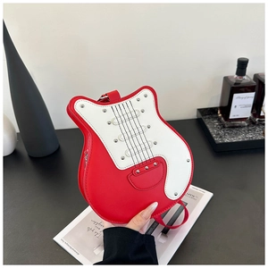 Creative red guitar-shaped PU leather crossbody bag with punk rivets and metal hardware