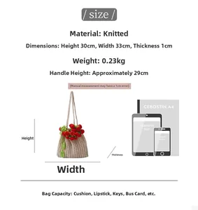Size chart showing dimensions for a beige knit rose tote bag with A4 comparison