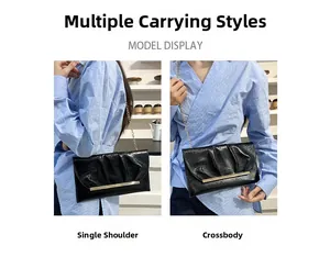 Sac bandoulière plissé noir avec chaîne dorée présenté sous plusieurs styles