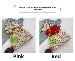 Detail of woven beach tote with 3D crochet rose bouquet in pink and red tones