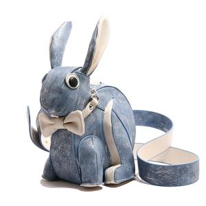 Chic blue denim-style bunny shaped crossbody bag with 3D ears and white bow detail