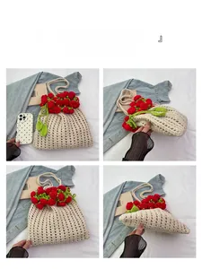 Detailed views of a beige crochet tote bag with red rose accents from multiple angles