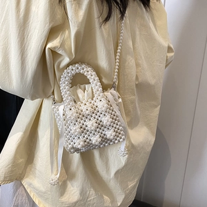 Women Mini Artificial Pearl Woven Bag Handmade Imitation Artificial Pearl Crossbody Shoulder Handbag With Satin Drawstring Pouch And Ribbon Bow