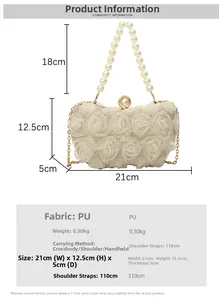 Detailed size guide for floral evening clutch showing dimensions and PU fabric specs