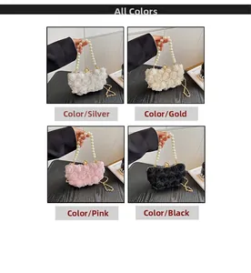 Detail of sweet floral chiffon evening box bags with pearl handles in four colors