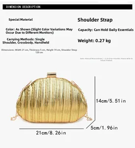 Detail view of gold seashell clutch bag dimensions and metallic pleated texture details