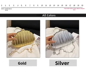 Detailed close-up showing gold and silver pleated evening clutch bags with dimensions
