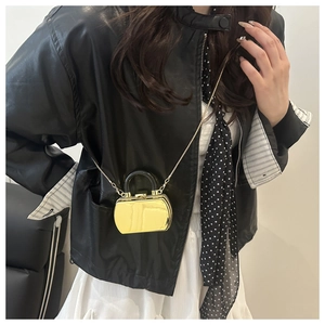 Chic gold mirror lipstick bag with black handle and gold chain on model