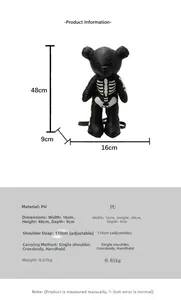 Detailed dimensions of the black bear-shaped PU leather gothic skeleton backpack