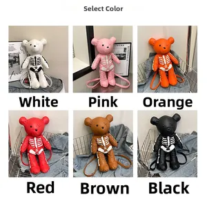 Detailed grid view showing skeleton bear backpacks in white, pink, orange, red and black