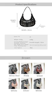 Detailed size specifications for the studded half-moon shoulder bag with dimensions and strap height