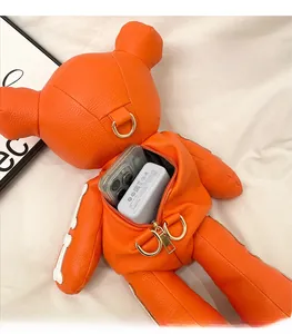 Detail of the orange bear backpack showing spacious interior for a phone and power bank