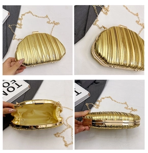 Detailed views of gold pleated shell bag showing chain strap and satin interior