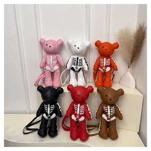 Detailed lineup of six gothic teddy bear backpacks with skeleton patterns in various colors