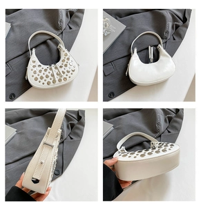 Detailed four-way view of white bucket bag featuring silver rivets and polished hardware
