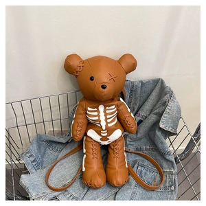 Detailed view of creative gothic brown teddy bear backpack with skeletal bone stitching