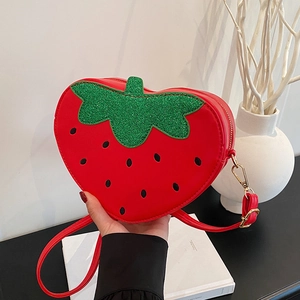Sac Bandoulière Mignon En Forme De Fraise Pour Femmes Cuir PU Forme De Cœur Sac À Épaule Avec Décor De Feuilles À Paillettes